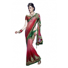 Red Net Velvet Traditional Embroidered Saree